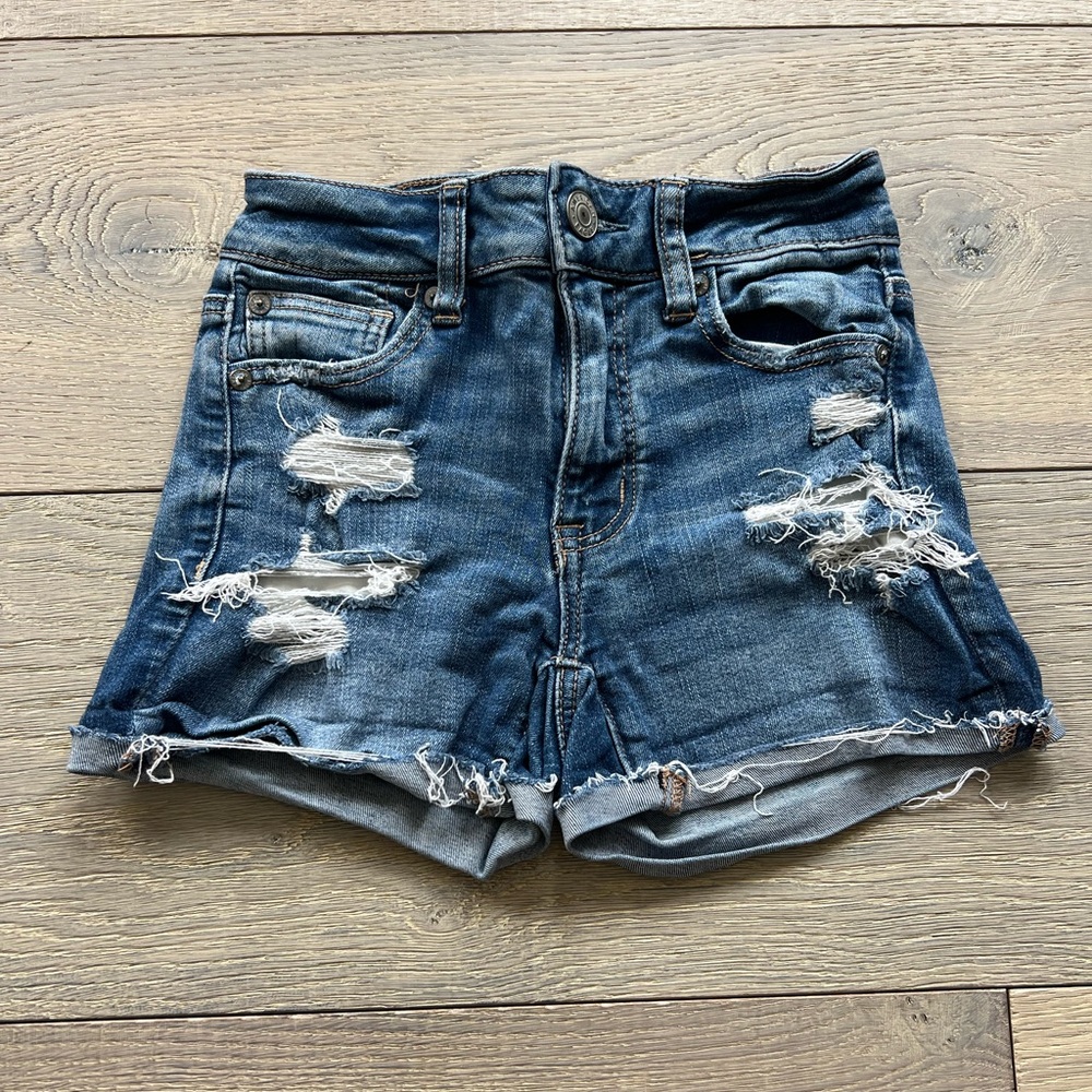 American Eagle Hi-Rise Shortie Shorts Next Level Stretch Distressed Size 00